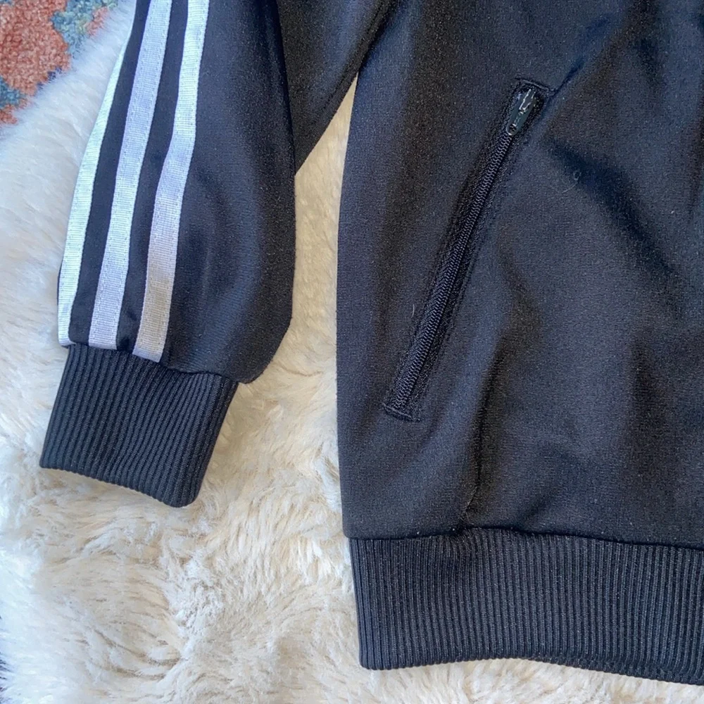 Adidas Original kids black white track jacket zip up lightweight three stripe XS